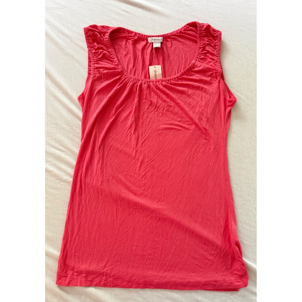 Dressbarn Womens Coral Pink Ruched Shoulder Scoop Neck Sleeveless Tank Top Large